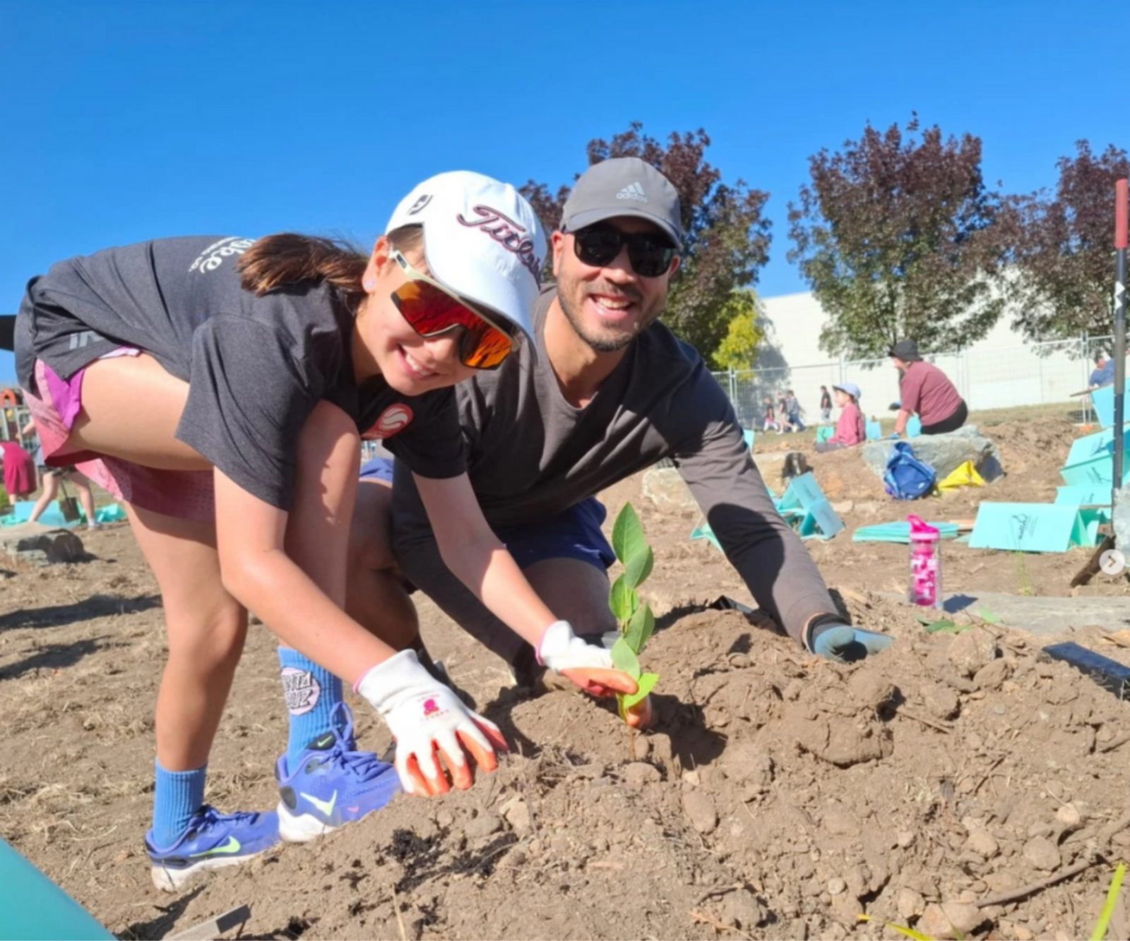 A parent and child planting a microforest together