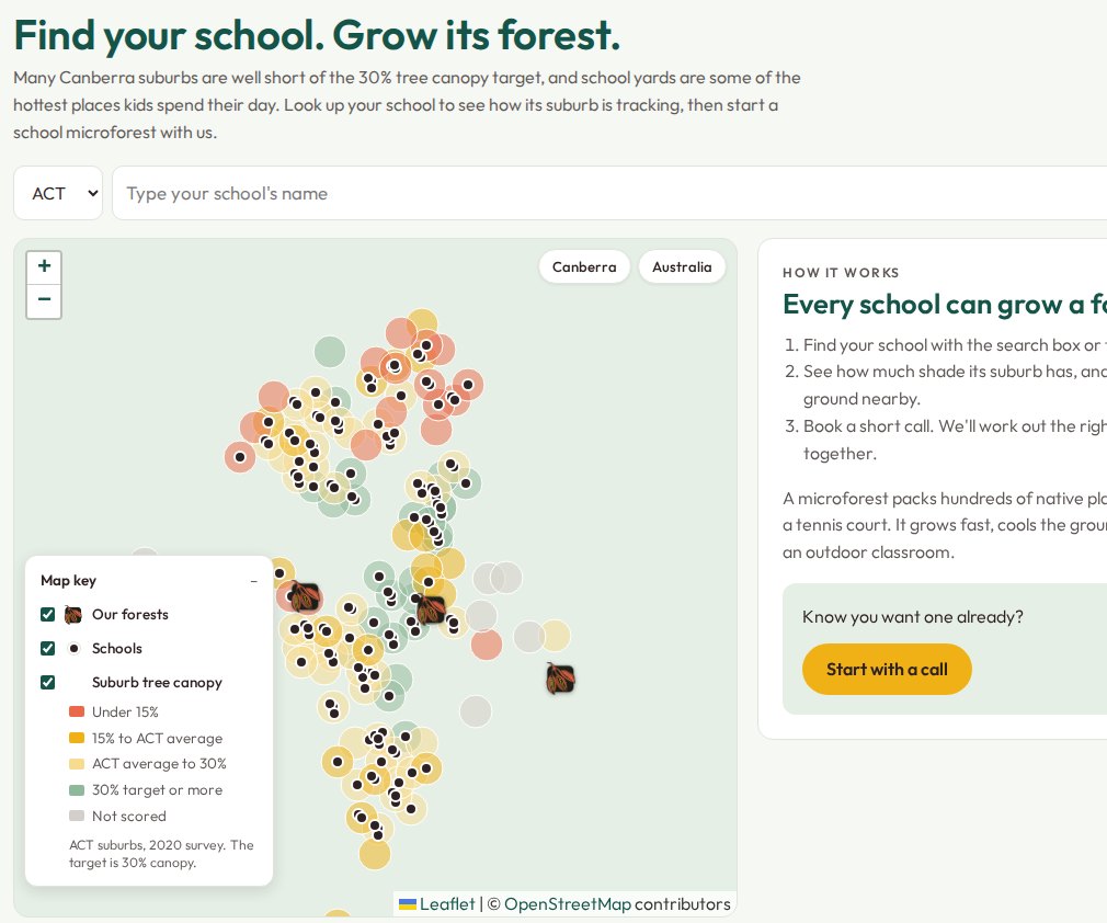 The Find your school map, showing every ACT school and its suburb's tree canopy